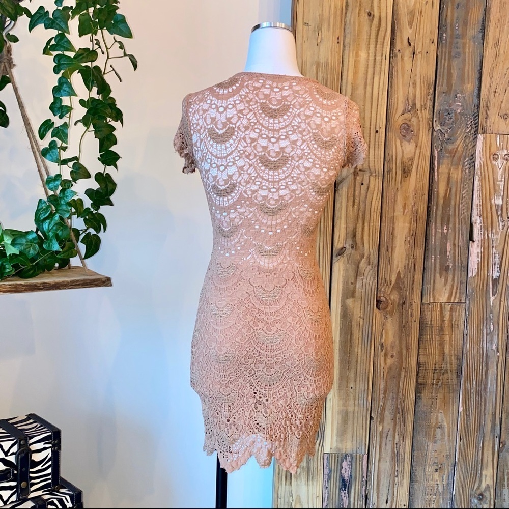 Nightcap Nude Lace Deep V Cap Sleeve Mini Dress - Picture 3 of 10